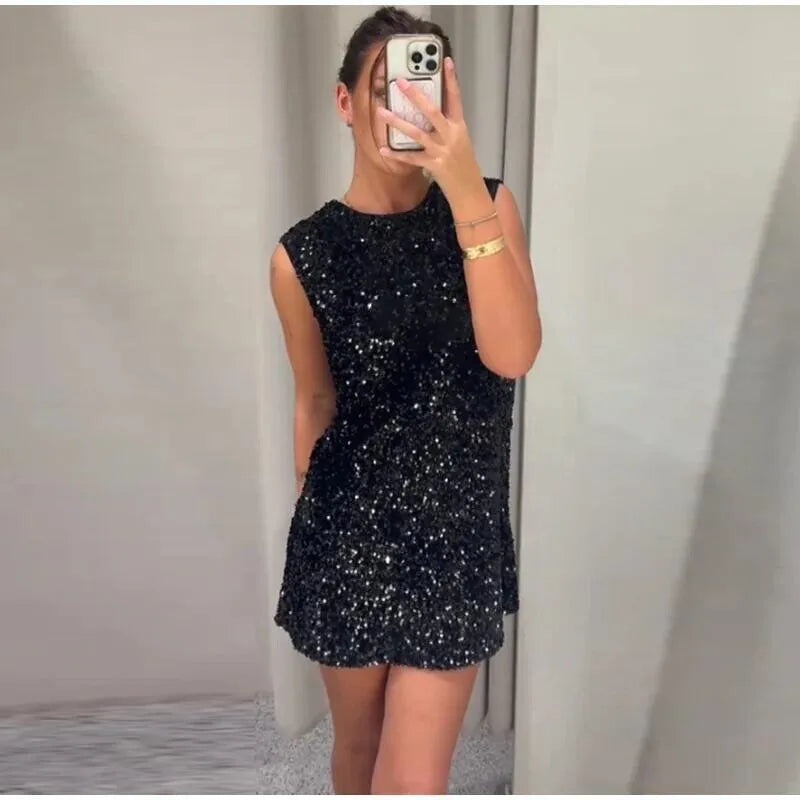 Sequins Backless Bow Sexy Mini Dress For Women Robe 2025 New Sleeveless A-line Sparkle Club Dress Elegant Vestido