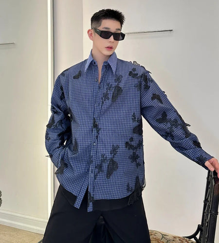 Men's Shirts Long Sleeve Two-piece Butterfly Mesh Design Threedimensional Butterfly Decoration Male Top Summer 9W1877