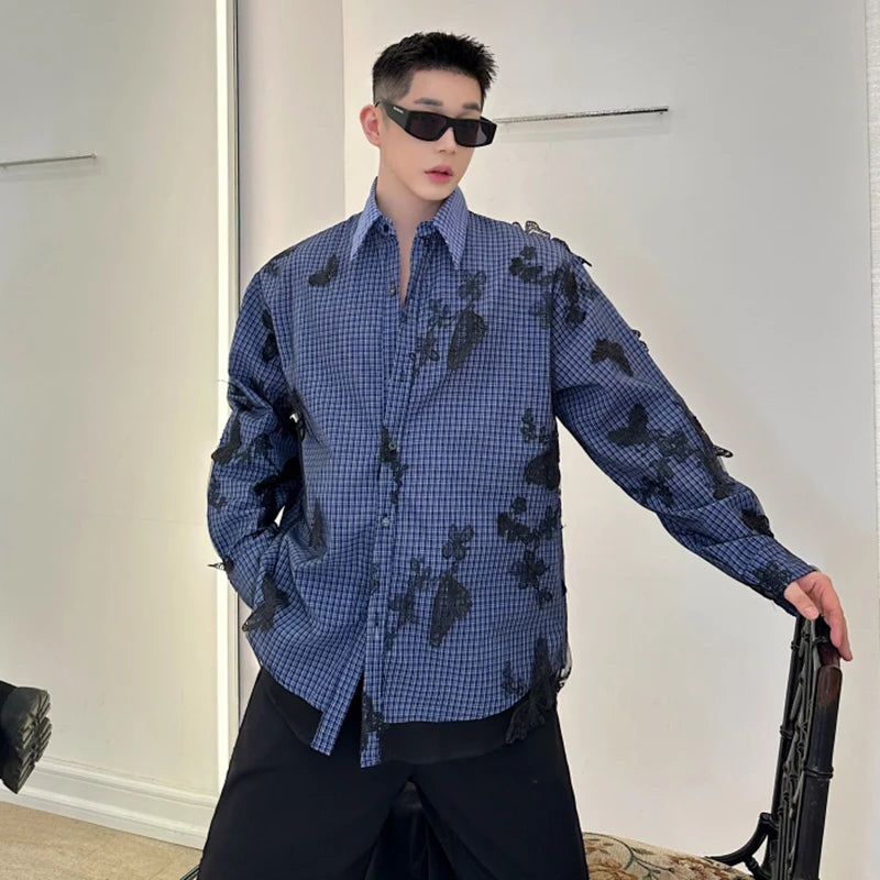 Men's Shirts Long Sleeve Two-piece Butterfly Mesh Design Threedimensional Butterfly Decoration Male Top Summer 9W1877