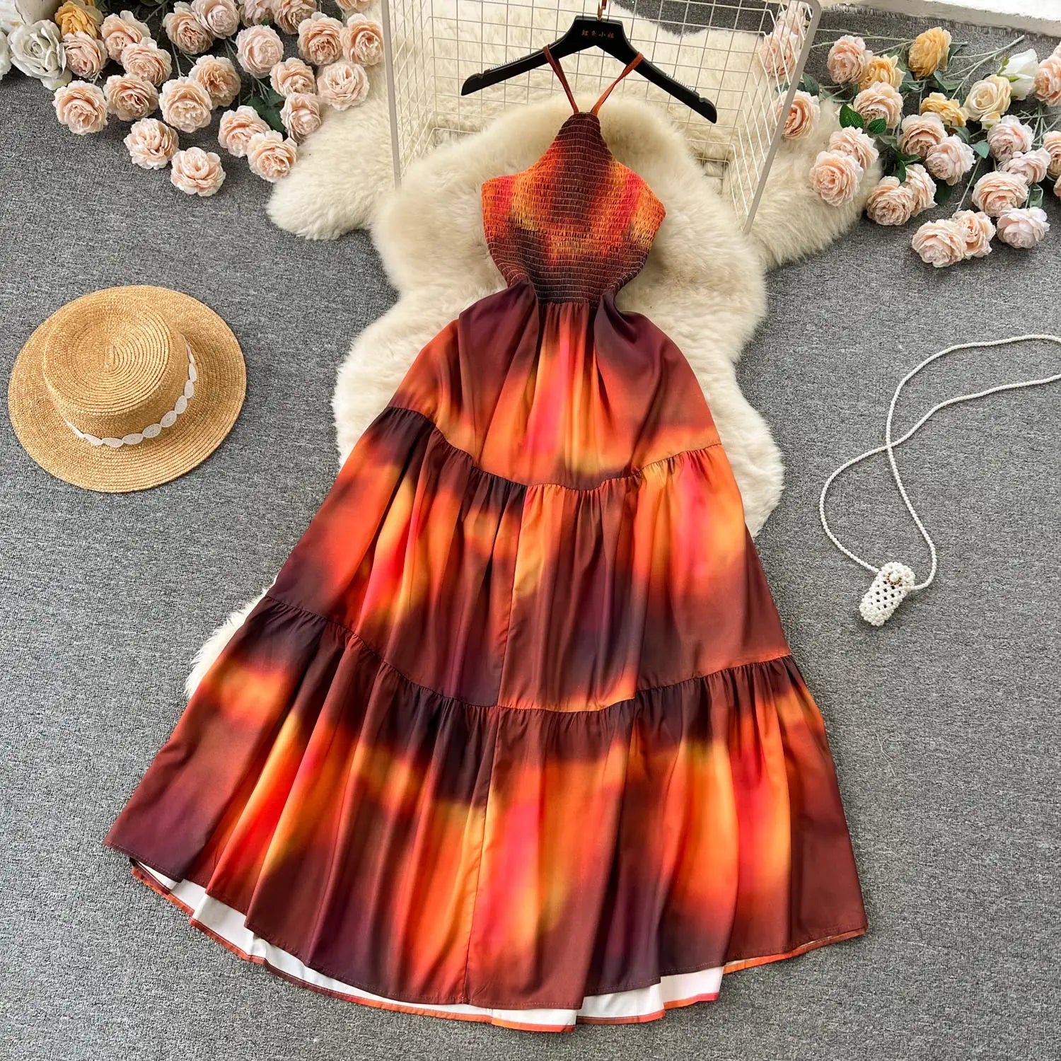 Orange Colorblock Halter Lace-up Backless Pleated Long Dresses Woman Elegant Holiday Sexy Club Party Dress Summer Fashion French