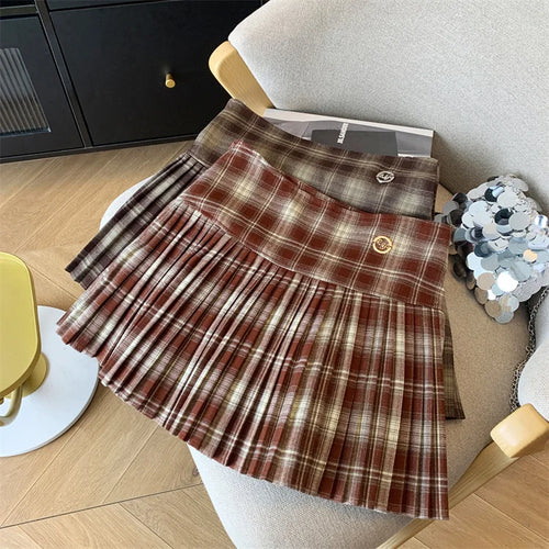 Load image into Gallery viewer, Vintage Brown Plaid Preppy Style Spring Summer Women A-line Short Pleated Skirt Y2k Red Patchwork High Waist Mini Skirt Harajuku
