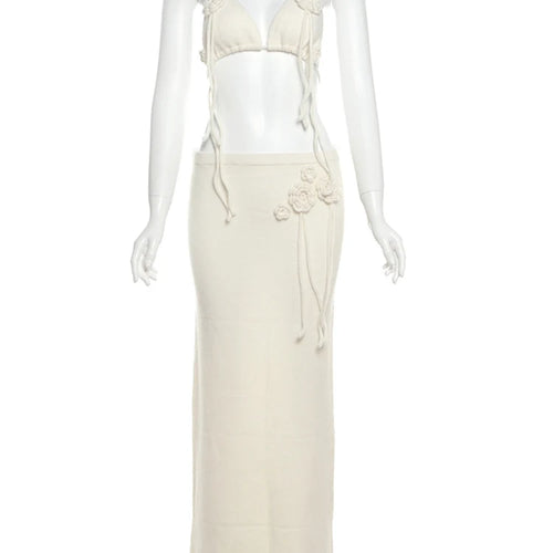 Load image into Gallery viewer, Knit Women 2 Piece Set Temperament Flowers Tassel Halter Camisole+Long Skirts Matching Skinny Stretch Vacation Outfits
