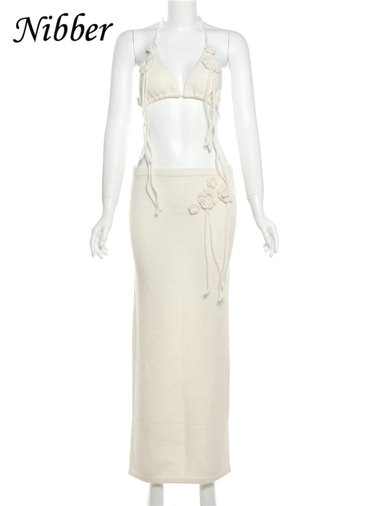 Knit Women 2 Piece Set Temperament Flowers Tassel Halter Camisole+Long Skirts Matching Skinny Stretch Vacation Outfits