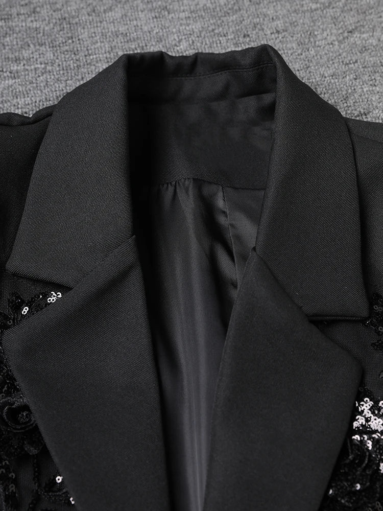 Women Black Sequins Flower Vintage Big Size Blazer New Lapel Long Sleeve Jacket Fashion Tide Spring Autumn 2025 CPG2787