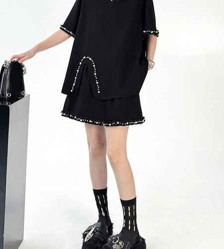 Black Pearled T-shirt Mini Skirt Two Pieces Suit New Round Neck Short Sleeve Women Fashion Spring Summer 2025 1DJ1124