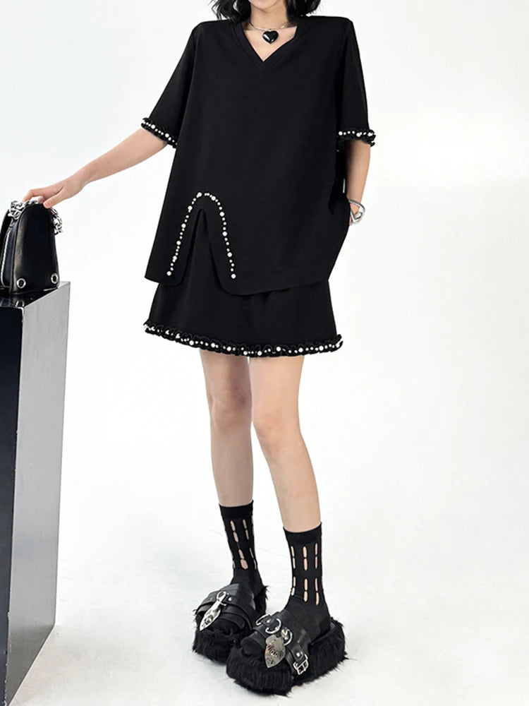 Black Pearled T-shirt Mini Skirt Two Pieces Suit New Round Neck Short Sleeve Women Fashion Spring Summer 2025 1DJ1124