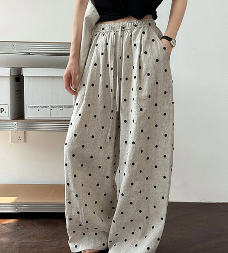High Elastic Waist Linen Dot Embroidery Wide Leg Long Pants New Trousers Women Fashion Tide Spring Autumn 2025 1DJ1548