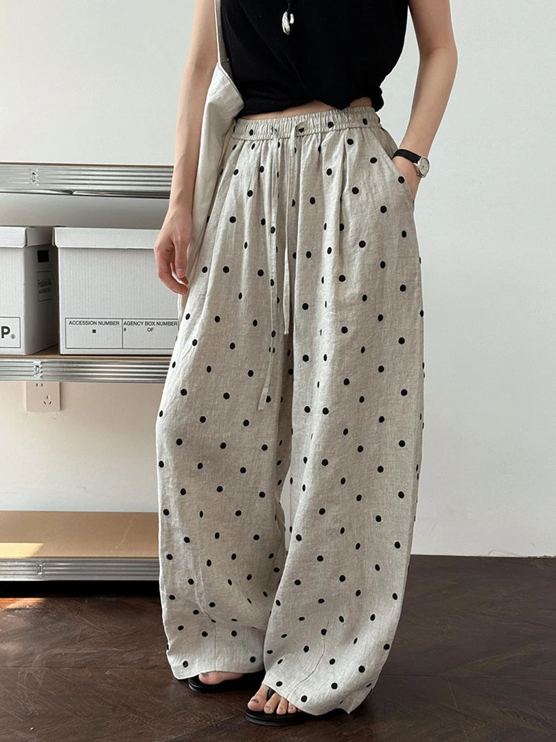 High Elastic Waist Linen Dot Embroidery Wide Leg Long Pants New Trousers Women Fashion Tide Spring Autumn 2025 1DJ1548