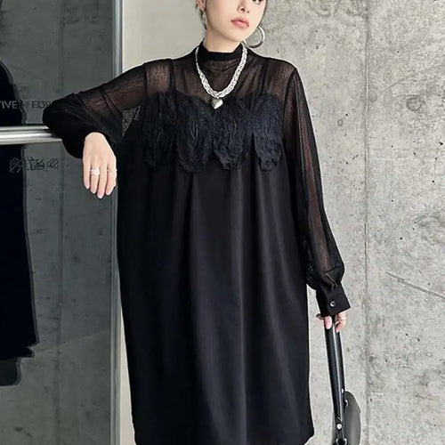 Load image into Gallery viewer, Women Black Mesh Lace Big Size Elegant Knee-Length Dress New Turtleneck Long Sleeve Fashion Spring Autumn 2025 1DH8734
