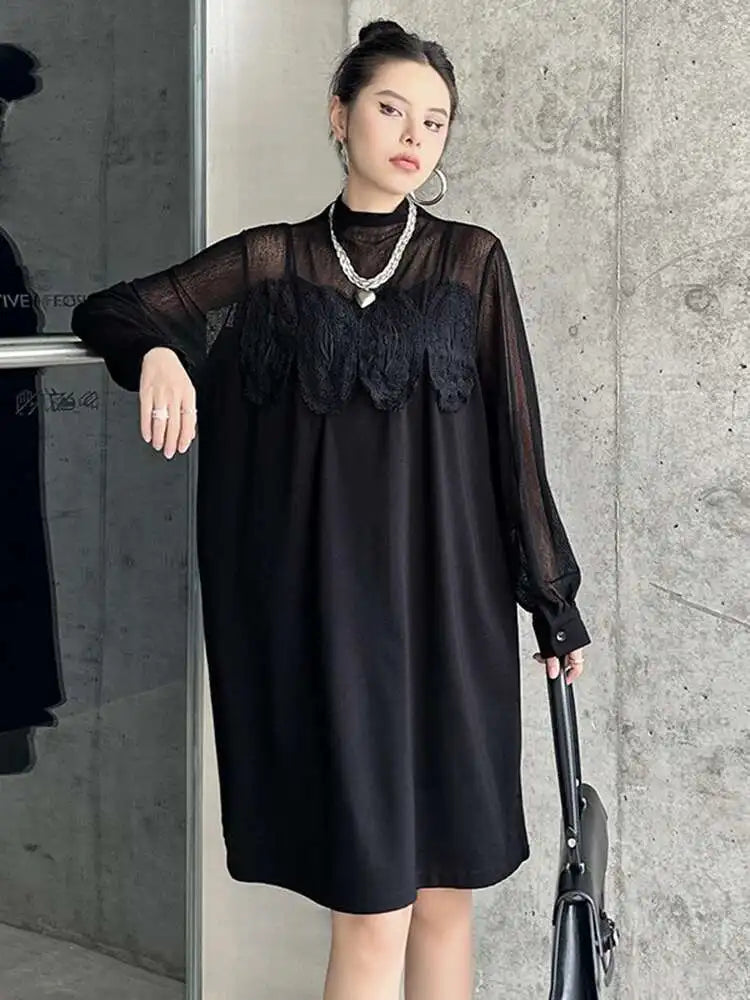 Women Black Mesh Lace Big Size Elegant Knee-Length Dress New Turtleneck Long Sleeve Fashion Spring Autumn 2025 1DH8734