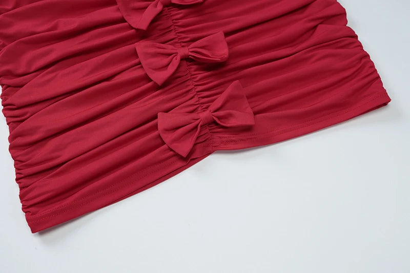 Four Bows Ruched Sexy Mini Dress For Women Fashion Solid O Neck Sleeveless Bodycon High Waist Club Dress Elegant