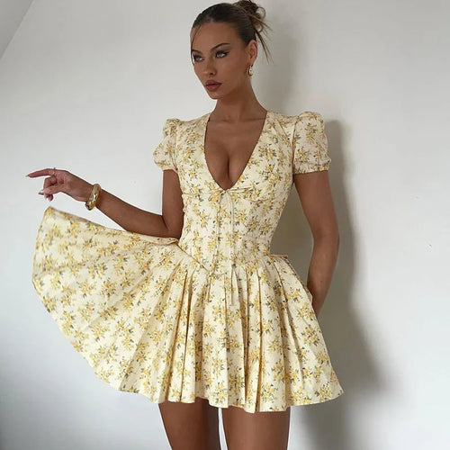Load image into Gallery viewer, Deep V Neck Print Sexy Mini Dress For Women Fashion Lace-up Short Sleeve A-line Pleated Dress Elegant New Clothes
