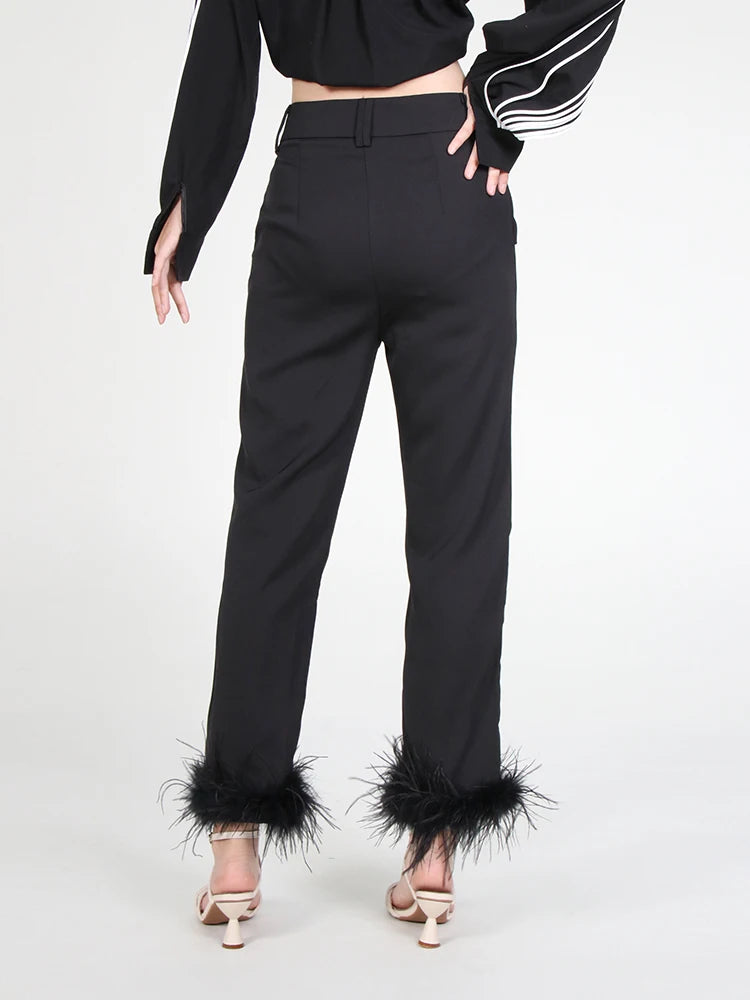 Solid Patchwork Feathers Pants For Women High Waist Solid Minimalist Trousers Female Casual Clothing Style Spring