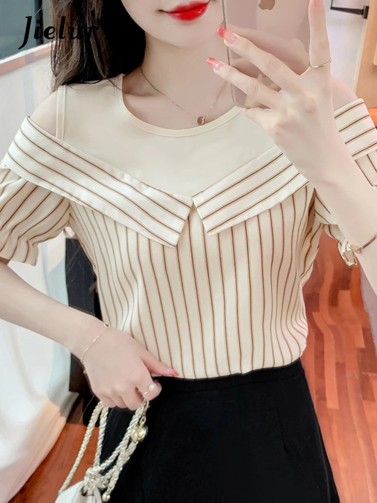 Striped O-neck Fashion Casual Female Blouse Summer New Loose Princess Sleeve Elegant Women's Blouses Chic Office Ladies