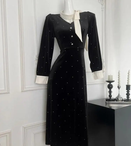 Autumn Winter 2024 French Black Velvet Patchwork Dot Elegant Single Breasted Dress Women V Neck Long Sleeved Party Evening Dress