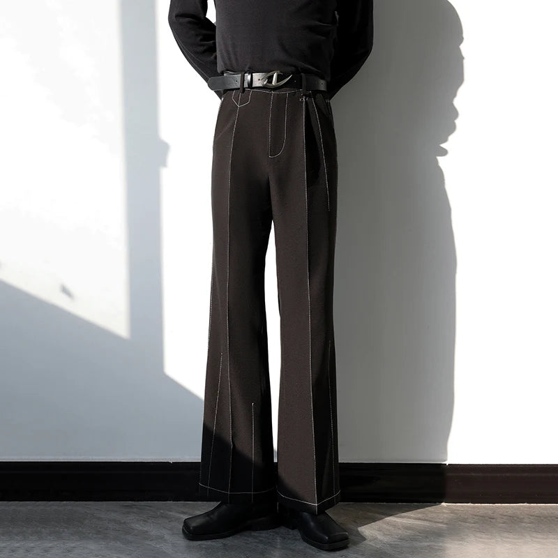 Business Casual Men's Suit Jackets Belt Solid Color Bright Line Desigh Droop Straight Wide Leg Male Bottom Simple 9C9237