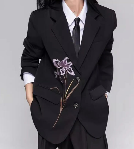 Solid Loose Spliced Embroidery Elegant Blazers for Women Lapel Long Sleeves Patchwork Buttons Blazer Female Fashion