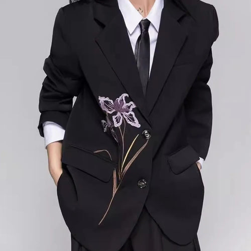 Load image into Gallery viewer, Solid Loose Spliced Embroidery Elegant Blazers for Women Lapel Long Sleeves Patchwork Buttons Blazer Female Fashion
