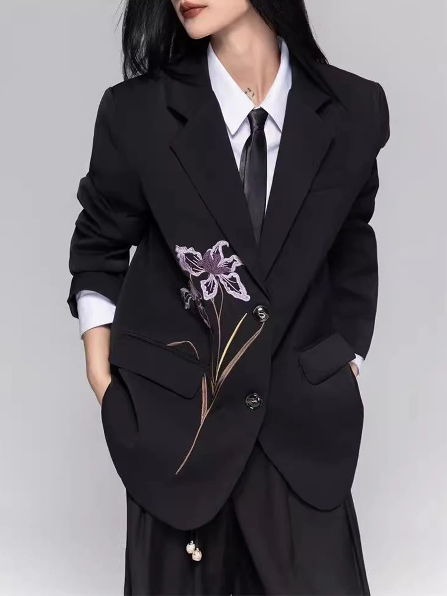 Solid Loose Spliced Embroidery Elegant Blazers for Women Lapel Long Sleeves Patchwork Buttons Blazer Female Fashion