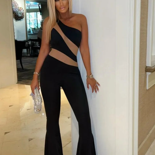 Load image into Gallery viewer, Sleeveless 2024 Summer New Diagonal Shoulder Sexy Mesh Panel Flare Pants Women Jumpsuit Elastic Tight Casual Jumpsuit
