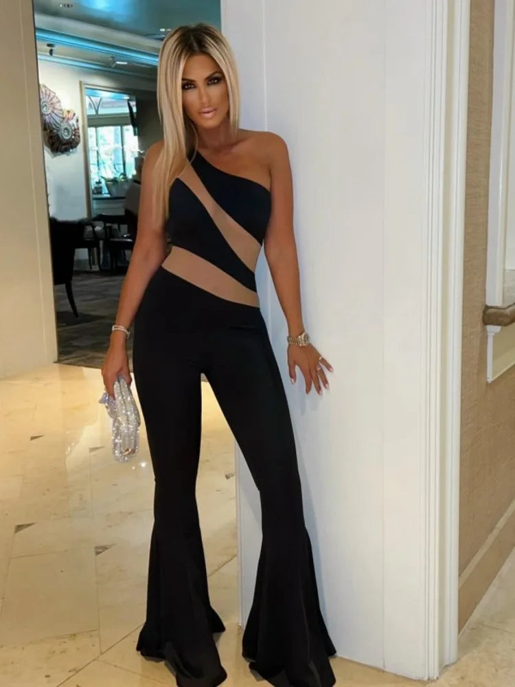 Sleeveless 2024 Summer New Diagonal Shoulder Sexy Mesh Panel Flare Pants Women Jumpsuit Elastic Tight Casual Jumpsuit