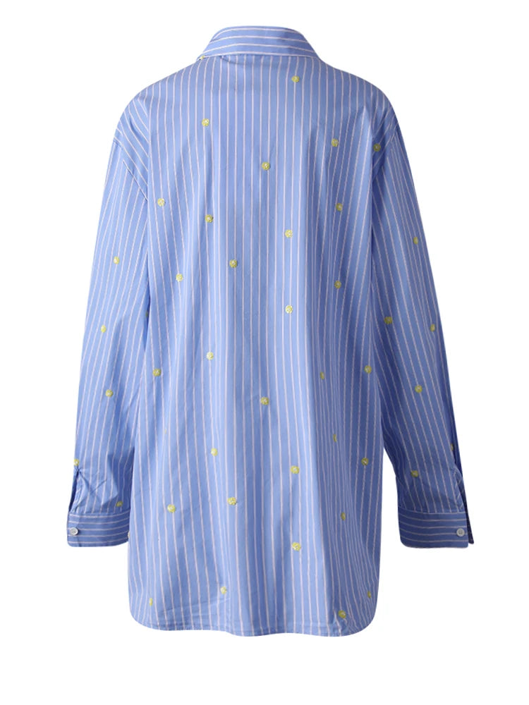 Women Blue Striped Dot Big Size Elegant Blouse New Lapel Long Sleeve Shirt Fashion Tide Spring Autumn 2025 CPG3310