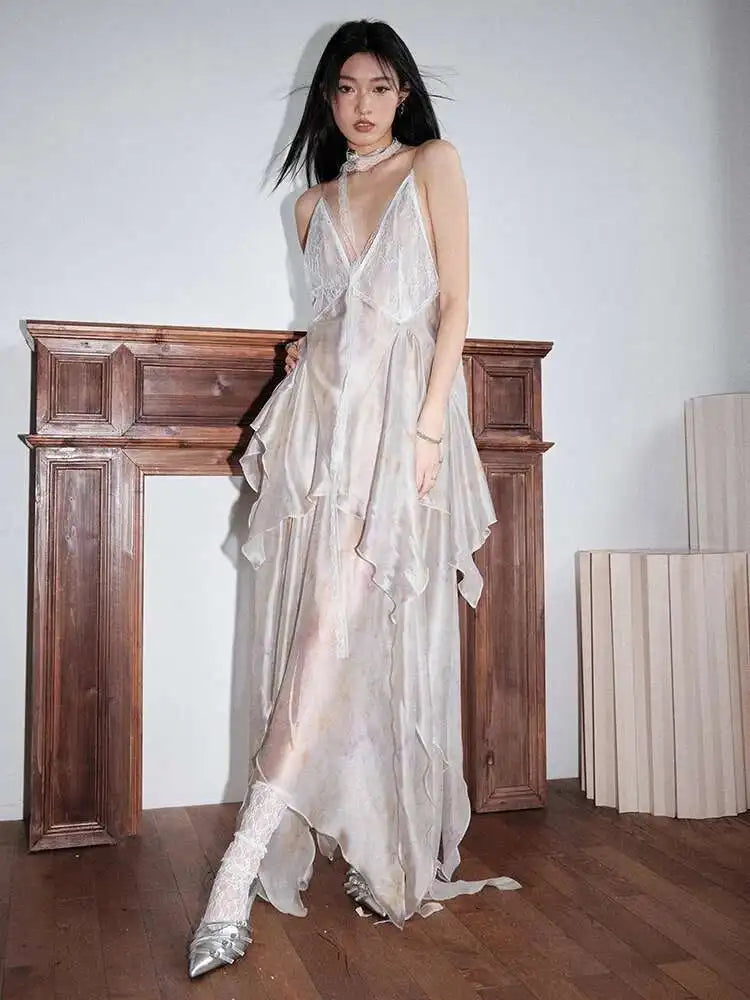 Women Lace Perspective Irregular Elegant Long Party Dress New V-Neck Sleeveless Fashion Tide Spring Summer 2025 1DH7527