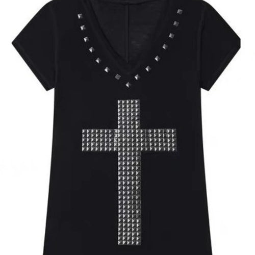 Load image into Gallery viewer, 2025 Y2k Aesthetic Women Casual T-shirt Vintage Cross Beading Streetwear Grunge Tshirts Harajuku Gothic Loose Vintage Tees Femme
