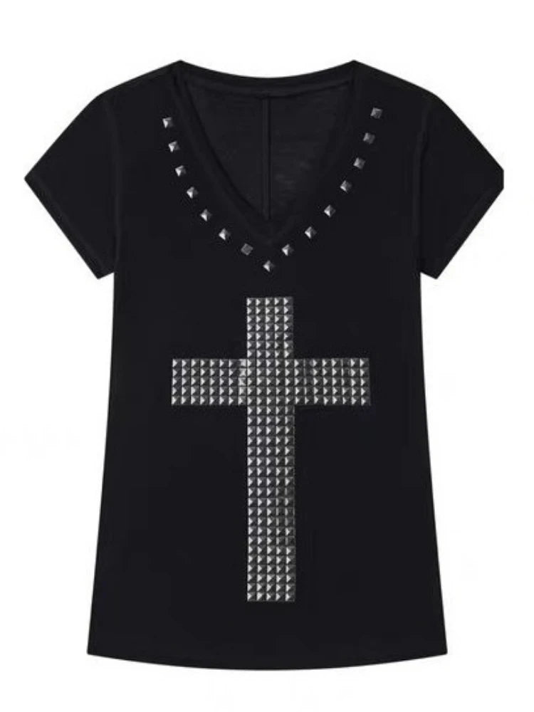 2025 Y2k Aesthetic Women Casual T-shirt Vintage Cross Beading Streetwear Grunge Tshirts Harajuku Gothic Loose Vintage Tees Femme