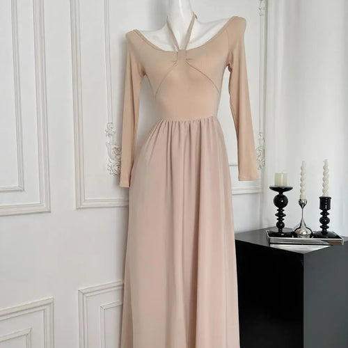 Load image into Gallery viewer, Autumn New Women Khaki Elegant Long Sleeve High Waist Pleated Dress Korean Backless Round Neck Halter Lace-up Dress Casual Trend
