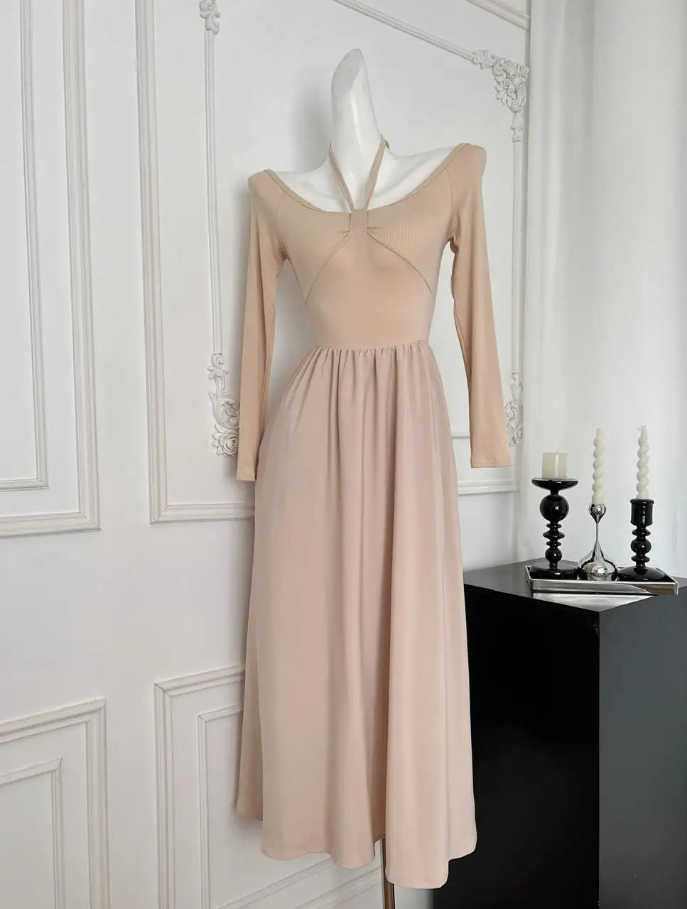 Autumn New Women Khaki Elegant Long Sleeve High Waist Pleated Dress Korean Backless Round Neck Halter Lace-up Dress Casual Trend