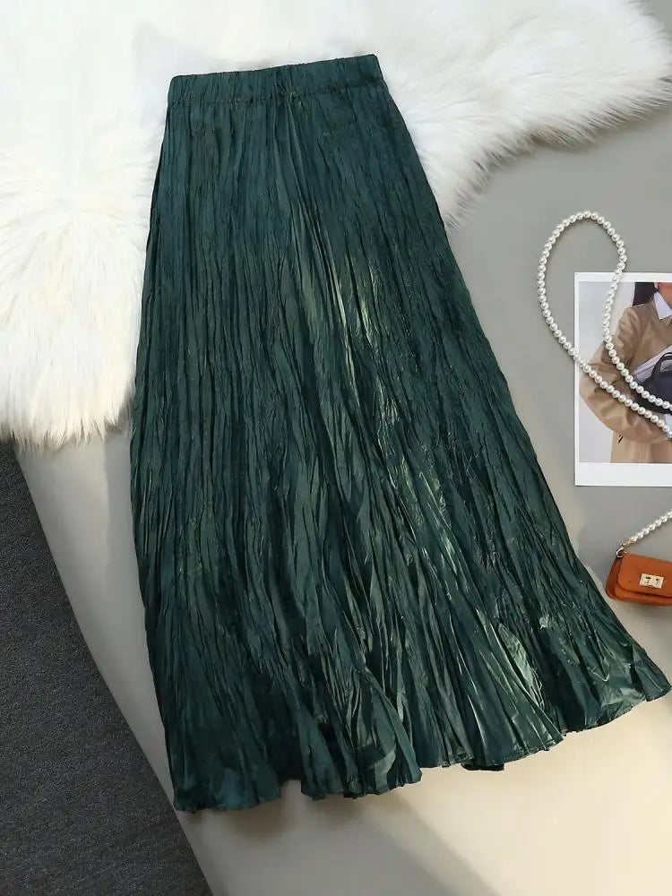 Women Elastic Waist Half Length Skirt Summer Solid Pleated Midi Vintage Sexy Club Skirts Fashion Romantic Simplicity Ladies Boho