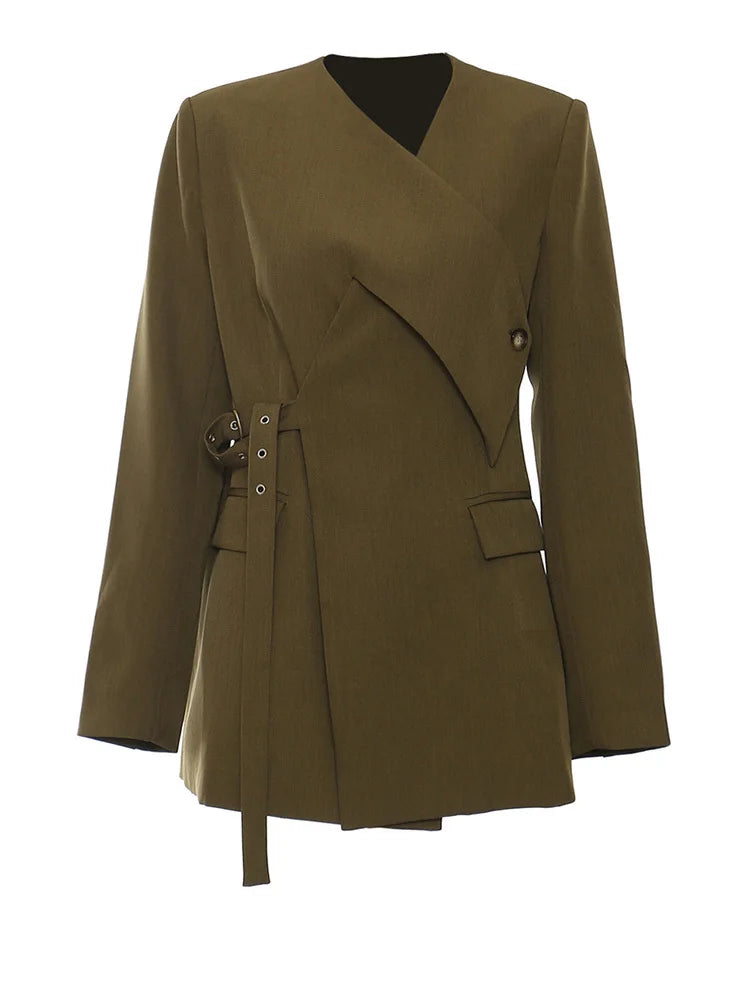 Women Wine Red Cross Irregular Elegant Blazer New V-neck Long Sleeve Jacket Fashion Tide Spring Autumn 2025 1DH7482