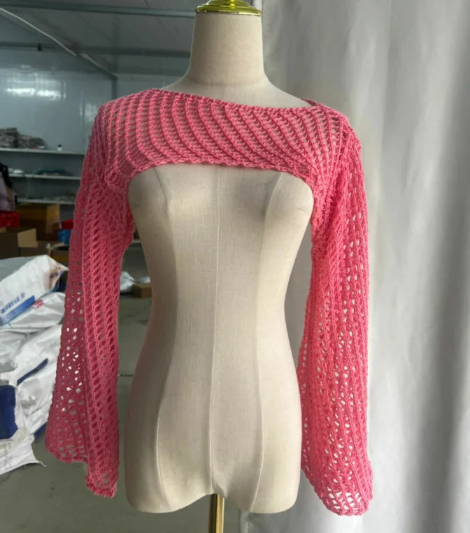 New Harajuku Grunge Solid Slash Neck Women Crop Pullovers Y2k Aesthetic Knitted Sexy Sweaters Streetwear Hollow Out Autumn Tops