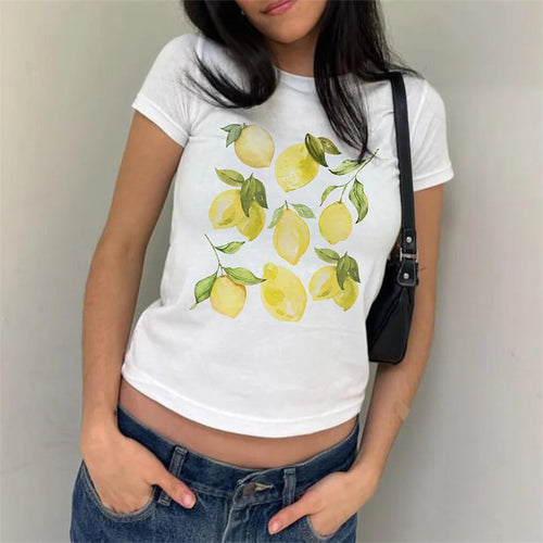 Load image into Gallery viewer, y2k Baby Tees Women Casual Graphic Print Round Neck Short Sleeve Cropped T Shirts 2000s Aesthetic Clothes Streetwear
