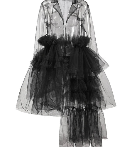 Women Black Mesh Ruffles Perspective Long Blazer New Lapel Long Sleeve Jacket Fashion Tide Spring Summer 2025 CPDB110