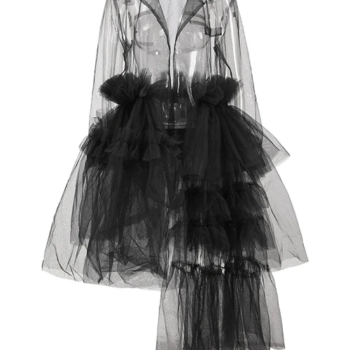 Load image into Gallery viewer, Women Black Mesh Ruffles Perspective Long Blazer New Lapel Long Sleeve Jacket Fashion Tide Spring Summer 2025 CPDB110
