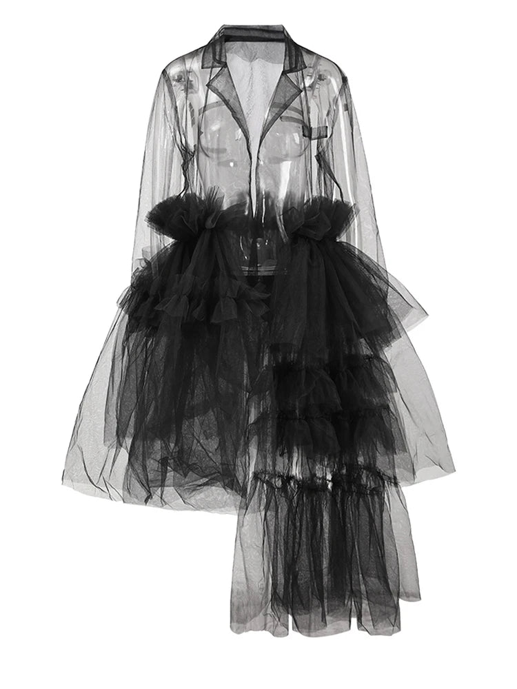 Women Black Mesh Ruffles Perspective Long Blazer New Lapel Long Sleeve Jacket Fashion Tide Spring Summer 2025 CPDB110