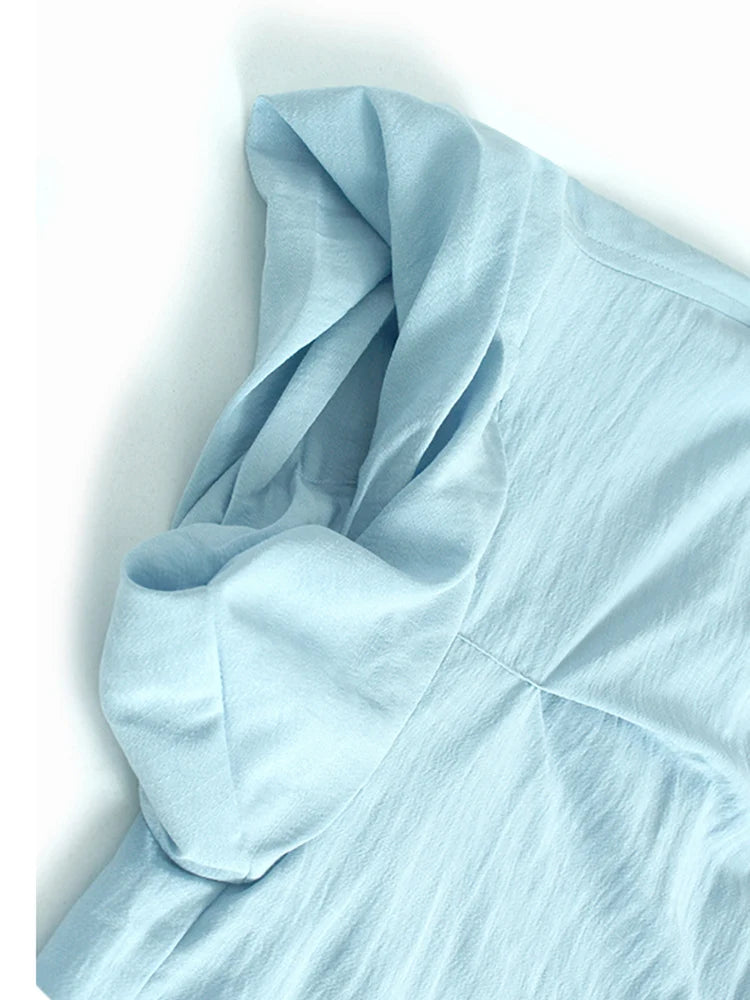 Women Blue Brief Pleated Big Size Thin Blouse New Lapel Short Puff Sleeve Shirt Fashion Tide Spring Summer 2025 1DJ1198