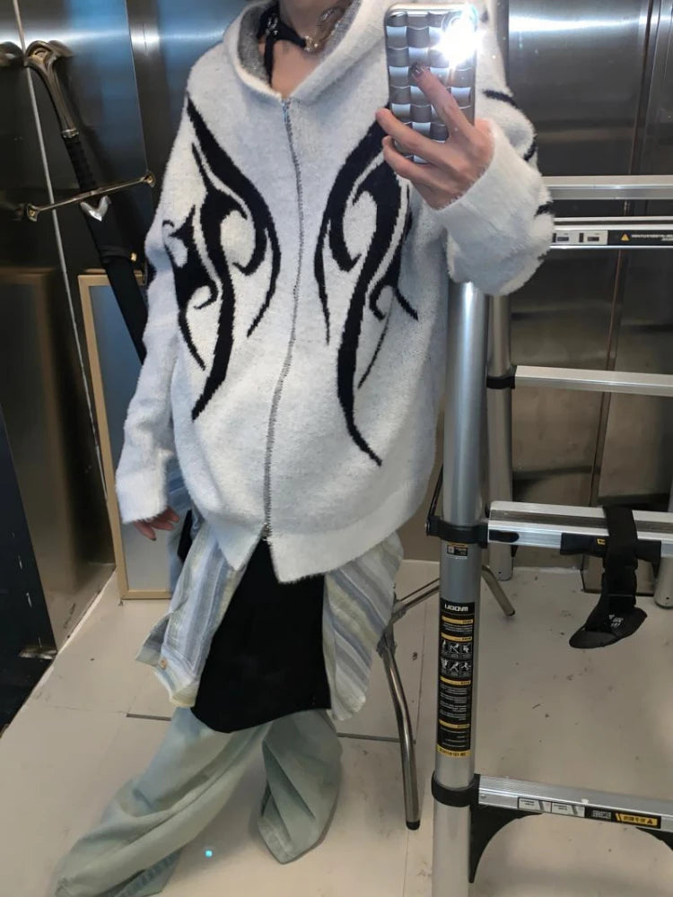 Men and Women Double Zipper  Y2k Aesthetic Cardigan Autumn Ladies Streetwear Sweater Coat Grunge Vintage Loose Hooded Cardigans