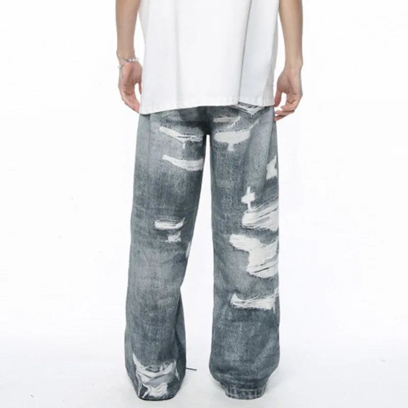 Men's Denim Pants 2024 Summer Fashion Casual Pocket Zipper Male Straight Leg Trousers Retro Style Loose Hole 9C5394