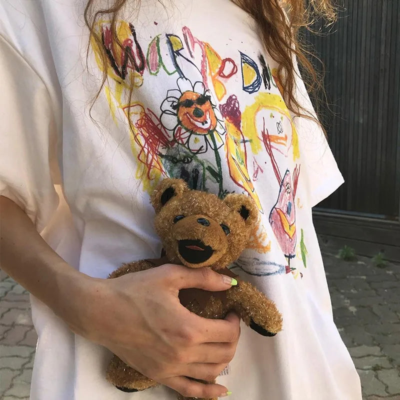 Fairy Grunge Short Sleeve T-shirts Cartoon Graffiti Print Tee Shirts Graphic Korean Fashion Tops Summer Streetwear Y2k