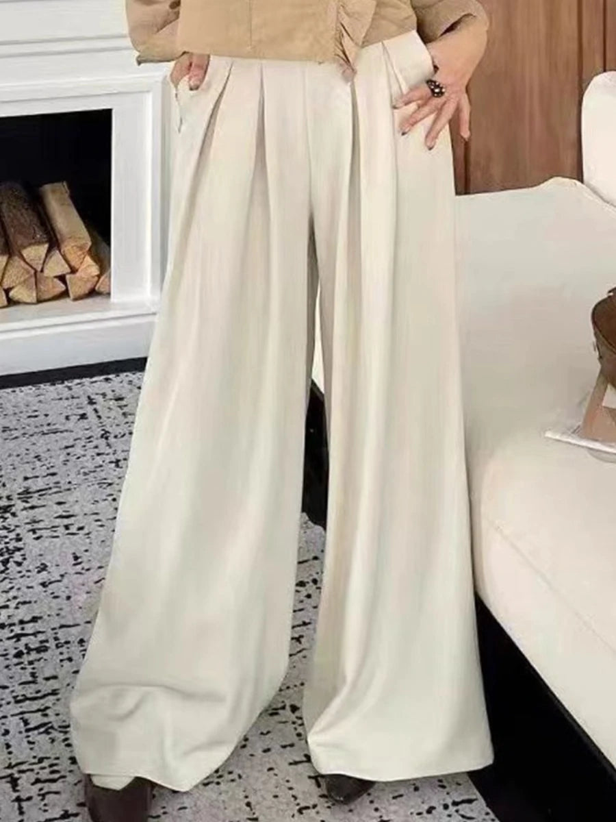 Solid Loose Spliced Folds Casual Pants for Women High Wasit Temperament Wide Leg Pant Female Fashion Clothing New