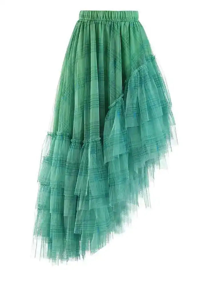 High Elastic Waist Red Plaid Mesh Irregular Long Casual Half-body Skirt Women Fashion Tide New Spring Autumn 2025 1DF1247