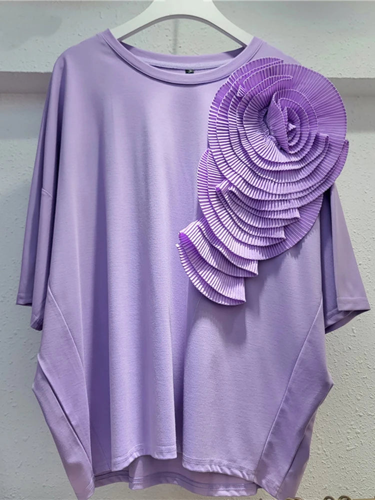 Women Rose Red Three-dimensional Flower Big Size T-shirt New Round Neck Short Sleeve Fashion Spring Summer 2025 1DH9985