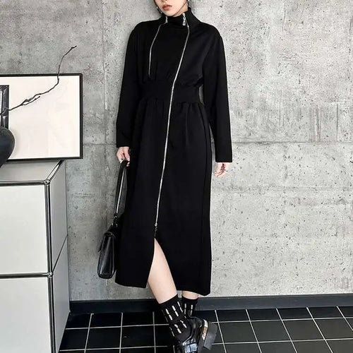 Load image into Gallery viewer, Women Black Zipper Irregular Hem Slit Midi Dress New Turtleneck Long Sleeve Fashion Tide Spring Autumn 2025 1DH9354
