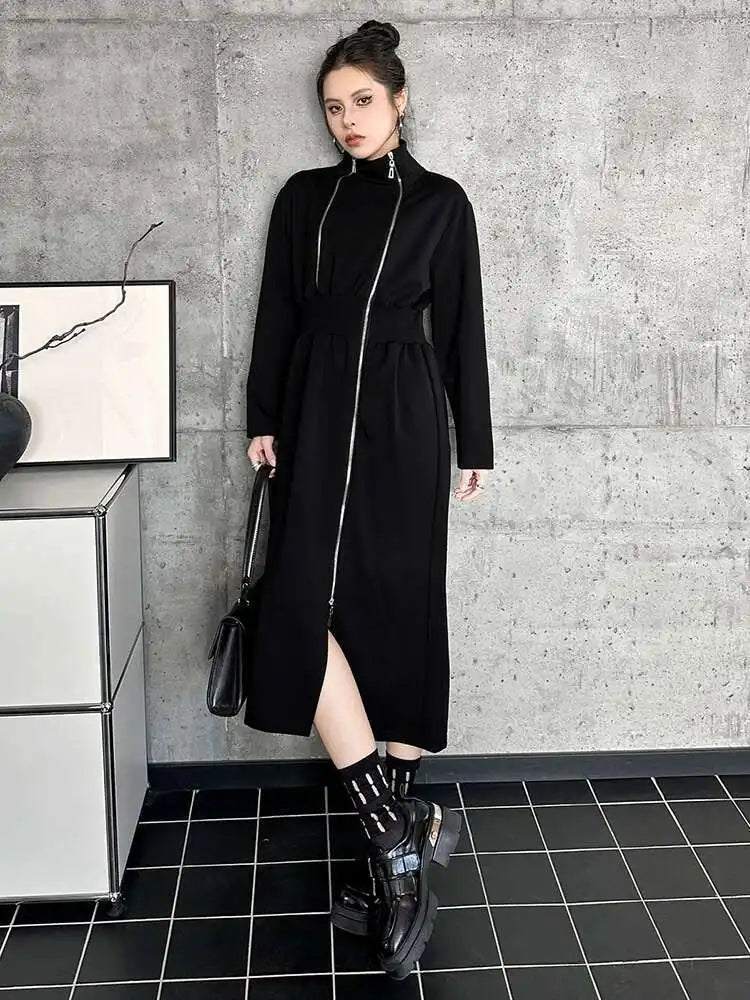Women Black Zipper Irregular Hem Slit Midi Dress New Turtleneck Long Sleeve Fashion Tide Spring Autumn 2025 1DH9354