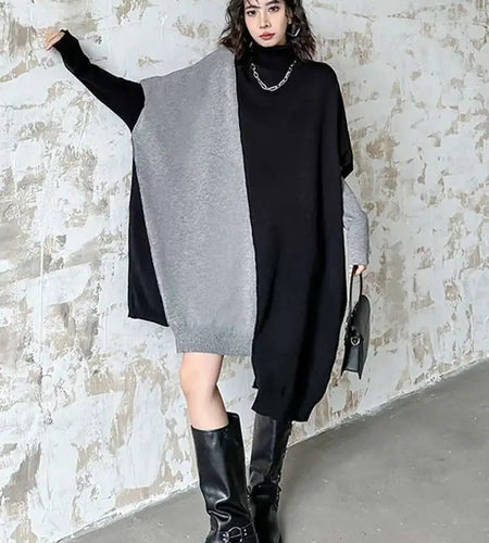 Women Gray Color-block Big Size Irregular Knitting Dress New Turtleneck Long Sleeve Fashion Spring Autumn 2025 1DH6561