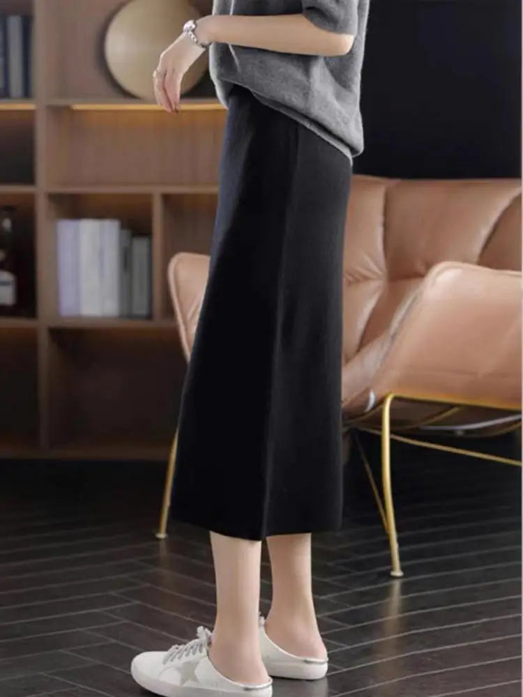 Korean Women Fashion Black Office Lady High Waist Knitted Skirts Autumn Winter New Brown Vacation Long Straight Skirt Simplicity