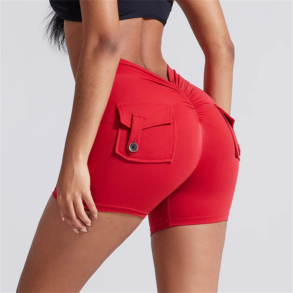 Deep V Back Yoga Shorts Women Pocket Scrunched Butt Gym Leggings High Waist Push Up Tights Sexy Booty Sports Shorts Fitness